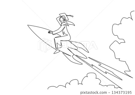Single line drawing of a graduate woman in cap and gown riding a rocket through clouds, symbolizing National Higher Education Day with an inspiring education concept of ambition and success. 134373195