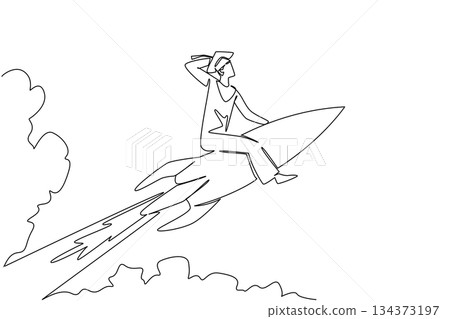 Continuous line drawing of a graduate man in cap and gown riding a rocket, honoring National Higher Education Day with an education concept of ambition, progress, and academic achievement. Continuous line drawing of a graduate man in cap and gown riding a rocket, honoring National Higher Education Day with an education concept of ambition, progress, and academic achievement. 134373197