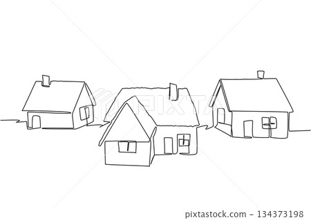 Continuous line drawing of traditional village houses with pitched rooftops emphasizes eco-friendly living, promoting sustainable architecture for World Green Roof Day in a nature concept. Continuous line drawing of traditional village houses with pitched rooftops emphasizes eco-friendly living, promoting sustainable architecture for World Green Roof Day in a nature concept. 134373198