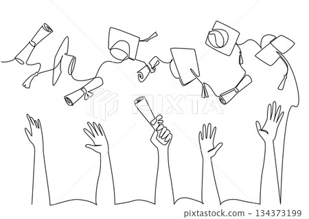 One line drawing of a joyful moment of graduates throwing caps and diplomas into the air, celebrating National Higher Education Day with a concept of success, achievement, and academic unity. 134373199