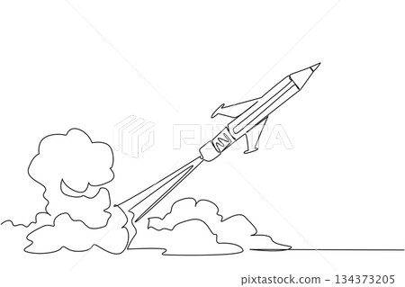 A creative single line drawing of a rocket shaped like a pencil blasting off, symbolizing the power of knowledge and progress for National Higher Education Day in a science concept design. 134373205