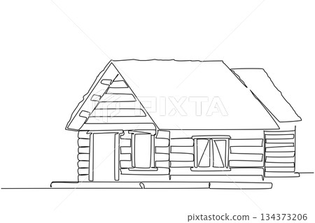 Continuous line drawing of a rustic log cabin house illustrates sustainable wooden structures and rooftop detail, symbolizing World Green Roof Day with a nature concept for green building. 134373206