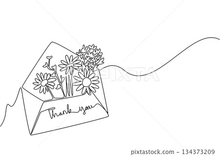 Single line drawing of an envelope paper filled with flowers and thank you message, symbolizing a nature concept of kindness and appreciation for Thank You Day celebrations across cultures. 134373209