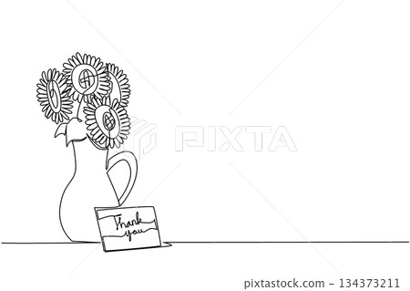 Continuous line drawing of sunflowers in a vase with a thank you card, representing a nature concept of brightness and joy, celebrating appreciation on Thank You Day with positivity. 134373211