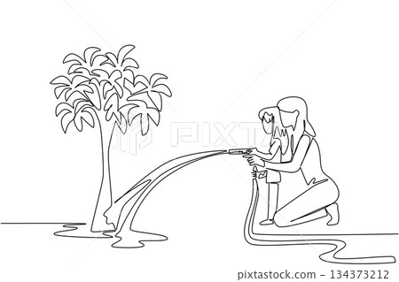 Mother and daughter water tree together with garden hose in continuous line draw style, reflecting nature concept, outdoor wellness, family bonding, and celebration of National Gardening Exercise Day Mother and daughter water tree together with garden hose in continuous line draw style, reflecting nature concept, outdoor wellness, family bonding, and celebration of National Gardening Exercise Day 134373212