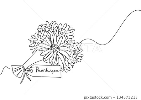 A continuous line drawing of a daisy bouquet with a thank you note tag paper, expressing a nature concept of beauty and appreciation, symbolizing gratitude for Thank You Day celebrations worldwide. A continuous line drawing of a daisy bouquet with a thank you note tag paper, expressing a nature concept of beauty and appreciation, symbolizing gratitude for Thank You Day celebrations worldwide. 134373215
