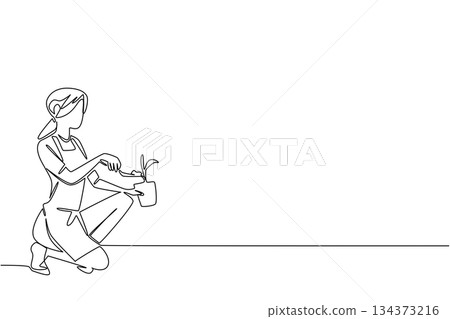 Woman kneels planting seedling in pot in continuous line draw style, showcasing nature concept, outdoor health activity, and recognition of eco-friendly lifestyle for National Gardening Exercise Day 134373216
