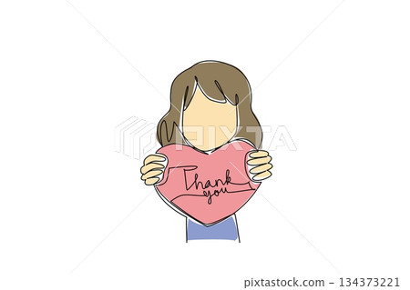 Elegant one line drawing of girl holding heart-shaped thank you letter note paper, symbolizing gratitude, kindness, and love in a lifestyle and celebration concept for Thank You Day. 134373221