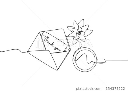 Elegant one line drawing featuring a thank you note paper in an envelope with flower and coffee cup. Show gratitude, kindness, and appreciation in a lifestyle concept for Thank You Day celebration. 134373222