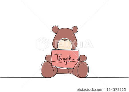 Cute one line drawing of brown teddy bear holding thank you paper note sign, symbolizing kindness, warmth, and appreciation in a lifestyle and celebration concept for Thank You Day. Cute one line drawing of brown teddy bear holding thank you paper note sign, symbolizing kindness, warmth, and appreciation in a lifestyle and celebration concept for Thank You Day. 134373225