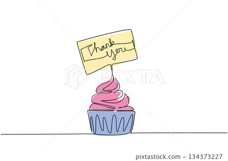 Playful continuous line drawing of cupcake topped with thank you note paper. Greeting card. Symbolizing gratitude, sweetness, and joy in a lifestyle and celebration concept for Thank You Day event. Playful continuous line drawing of cupcake topped with thank you note paper. Greeting card. Symbolizing gratitude, sweetness, and joy in a lifestyle and celebration concept for Thank You Day event. 134373227