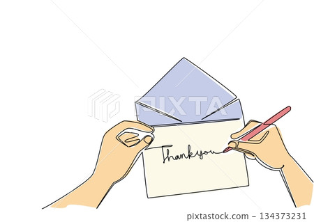 Colorful one line drawing of human hands writing a thank you card into an envelope paper, representing gratitude, kindness, and appreciation in a lifestyle concept for Thank You Day celebration. Colorful one line drawing of human hands writing a thank you card into an envelope paper, representing gratitude, kindness, and appreciation in a lifestyle concept for Thank You Day celebration. 134373231