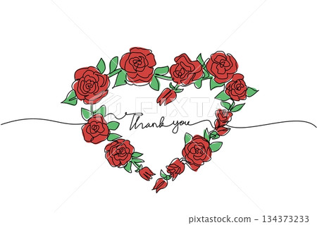 Continuous line drawing of red roses arranged in a heart shape with thank you message inside, representing love, gratitude, and appreciation on Thank You Day greeting card in a floral concept. 134373233