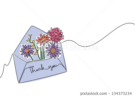 One line drawing of an purple envelope paper filled with flowers and handwritten thank you text, symbolizing gratitude and appreciation in a simple art style for Thank You Day celebration concept. 134373234
