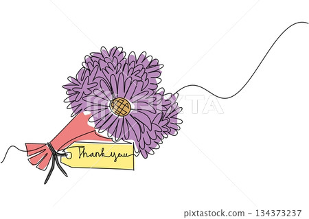 Single line drawing of a bouquet of purple daisies tied with ribbon and thank you label note paper, symbolizing gratitude and appreciation in a floral art style for Thank You Day greeting design. Single line drawing of a bouquet of purple daisies tied with ribbon and thank you label note paper, symbolizing gratitude and appreciation in a floral art style for Thank You Day greeting design. 134373237