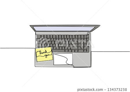 A continuous line drawing of a laptop with a thank you note, representing a business concept of workplace appreciation and gratitude for Thank You Day, promoting kindness and recognition. A continuous line drawing of a laptop with a thank you note, representing a business concept of workplace appreciation and gratitude for Thank You Day, promoting kindness and recognition. 134373238