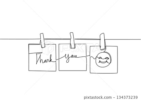Creative continuous line drawing of thank you notes paper and emoji face clipped on a string, symbolizing positivity, gratitude, and social connection in a business concept for Thank You Day event. Creative continuous line drawing of thank you notes paper and emoji face clipped on a string, symbolizing positivity, gratitude, and social connection in a business concept for Thank You Day event. 134373239