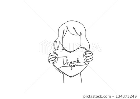 An elegant one line drawing of a girl holding a thank you heart letter, conveying love and appreciation in a minimalist style, created as a meaningful business concept for Thank You Day celebration. An elegant one line drawing of a girl holding a thank you heart letter, conveying love and appreciation in a minimalist style, created as a meaningful business concept for Thank You Day celebration. 134373249