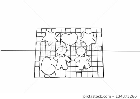 Continuous line drawing illustration of assorted gingerbread cookies including stars, hearts, and human shapes on a tray, created for National Gingerbread Cookie Day as a festive design concept. 134373260