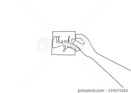 Minimal continuous line drawing showing a human hand holding a thank you note paper, representing gratitude and appreciation in a business concept theme for Thank You Day celebration. 134373262