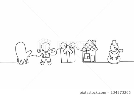 Single line draw illustration featuring a gingerbread man cookie with mitten, gift box, gingerbread house, and snowman, created for National Gingerbread Cookie Day as a festive holiday concept artwork Single line draw illustration featuring a gingerbread man cookie with mitten, gift box, gingerbread house, and snowman, created for National Gingerbread Cookie Day as a festive holiday concept artwork 134373265