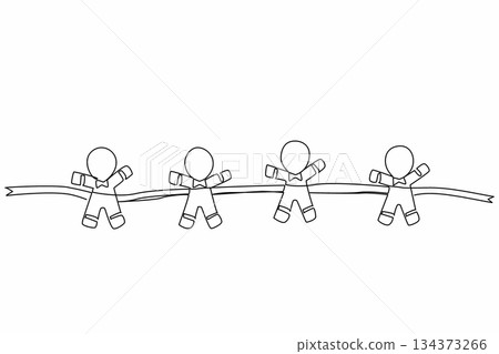 Single line draw of a festive garland featuring four gingerbread men cookies connected together, symbolizing holiday joy, unity, and the celebration of National Gingerbread Cookie Day with a cheerful 134373266