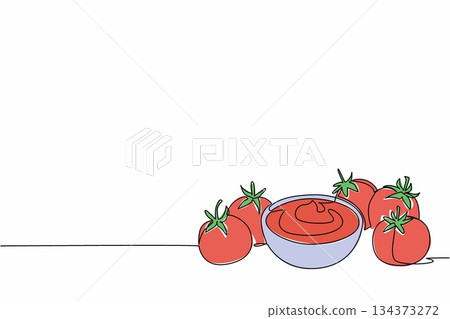 Continuous line drawing food concept celebrating National Ketchup Day with a bowl of rich red tomato ketchup surrounded by fresh ripe tomatoes, symbolizing taste, freshness, and joy. Continuous line drawing food concept celebrating National Ketchup Day with a bowl of rich red tomato ketchup surrounded by fresh ripe tomatoes, symbolizing taste, freshness, and joy. 134373272