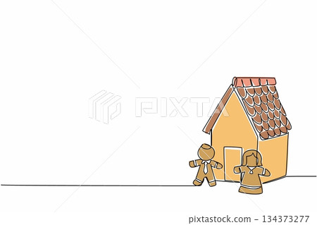 A charming continuous line drawing of a gingerbread house with male and female gingerbread cookies beside it, created for National Gingerbread Day as a festive food concept holiday illustration. A charming continuous line drawing of a gingerbread house with male and female gingerbread cookies beside it, created for National Gingerbread Day as a festive food concept holiday illustration. 134373277
