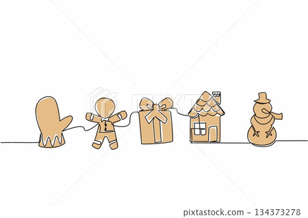 A whimsical single line drawing of gingerbread man with holiday icons like mitten, gift, house, and snowman, designed for National Gingerbread Day in a festive food concept illustration style. A whimsical single line drawing of gingerbread man with holiday icons like mitten, gift, house, and snowman, designed for National Gingerbread Day in a festive food concept illustration style. 134373278