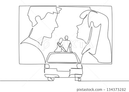 Single line drawing design concept for National Drive In Movie Day, showing a couple seated on their car roof watching a romantic film, symbolizing love, nostalgia, and outdoor cinematic charm. 134373282