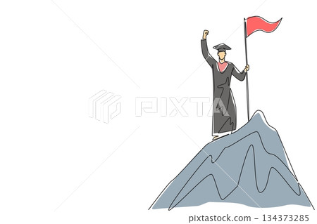 Single line drawing of a young man in graduation attire standing on a mountain peak with flag raised high, symbolizing success, education, and ambition for National Higher Education Day. 134373285