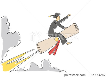 Continuous line drawing of a young graduate man riding a diploma like a rocket in the sky, symbolizing success, ambition, and education in an academic concept for National Higher Education Day. Continuous line drawing of a young graduate man riding a diploma like a rocket in the sky, symbolizing success, ambition, and education in an academic concept for National Higher Education Day. 134373287