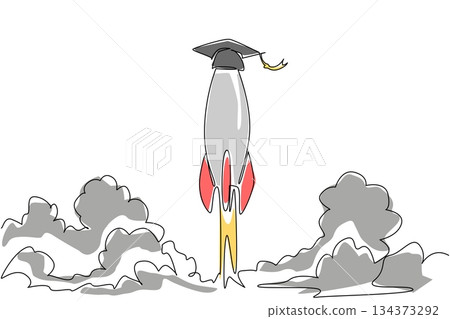 Rocket wearing a graduation cap blasting upward symbolizes academic excellence and ambition, ideal for National Higher Education Day in a one line drawing, education concept, success theme. Rocket wearing a graduation cap blasting upward symbolizes academic excellence and ambition, ideal for National Higher Education Day in a one line drawing, education concept, success theme. 134373292