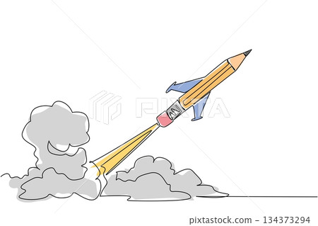 Pencil rocket blasting off with smoke trails symbolizes knowledge power and creativity, ideal for celebrating National Higher Education Day in a continuous line drawing, education concept, innovation 134373294