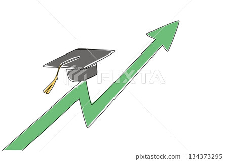 Single line drawing highlights a graduation cap on an upward arrow, symbolizing knowledge growth and success. Perfect for National Higher Education Day with an education concept and progress theme. Single line drawing highlights a graduation cap on an upward arrow, symbolizing knowledge growth and success. Perfect for National Higher Education Day with an education concept and progress theme. 134373295