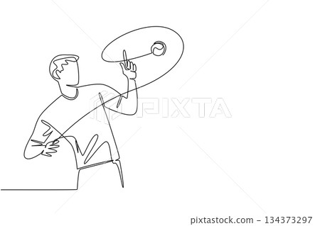 A single line drawing of a young man executing a looping yo-yo trick, capturing energy, skill, and playful motion, celebrating National Yo-Yo Day in minimalist concept art and design. 134373297