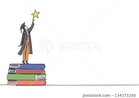 Young graduate woman standing on stacked books reaching for a star symbolizes ambition and lifelong learning, perfect for National Higher Education Day in a single line drawing, education concept 134373298