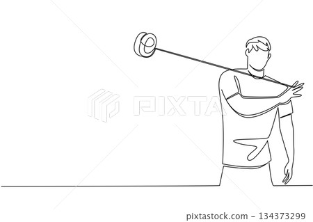 A continuous line drawing of a young man skillfully performing an over-the-shoulder yo-yo trick, symbolizing motion, freestyle, and balance for National Yo-Yo Day creative design concept. A continuous line drawing of a young man skillfully performing an over-the-shoulder yo-yo trick, symbolizing motion, freestyle, and balance for National Yo-Yo Day creative design concept. 134373299