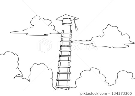Creative one line drawing showing a graduation cap at the top of a tall ladder reaching clouds, symbolizing ambition, success, and higher education spirit for National Graduation Day education concept Creative one line drawing showing a graduation cap at the top of a tall ladder reaching clouds, symbolizing ambition, success, and higher education spirit for National Graduation Day education concept 134373300