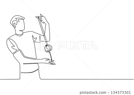 A single line drawing of a young man skillfully performing a vertical yo-yo trick, reflecting balance, motion, and playful artistry, perfect for National Yo-Yo Day celebration concept design. 134373301