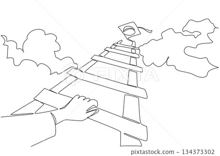 Symbolic single line drawing of a graduate climbing a tall ladder reaching a cap in the sky, representing the pursuit of knowledge, ambition, and success for National Graduation Day education concept Symbolic single line drawing of a graduate climbing a tall ladder reaching a cap in the sky, representing the pursuit of knowledge, ambition, and success for National Graduation Day education concept 134373302