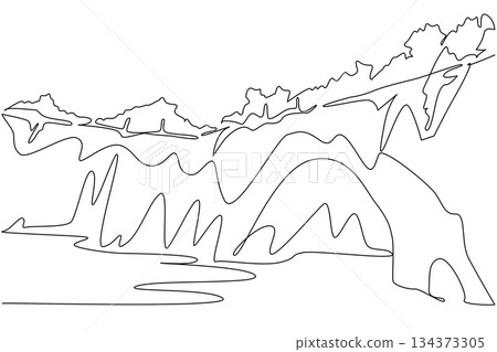 A continuous line drawing of a karst bridge formation with rocks, river, and trees, created as a nature concept to illustrate National Caves and Karst Day in an elegant abstract style. A continuous line drawing of a karst bridge formation with rocks, river, and trees, created as a nature concept to illustrate National Caves and Karst Day in an elegant abstract style. 134373305