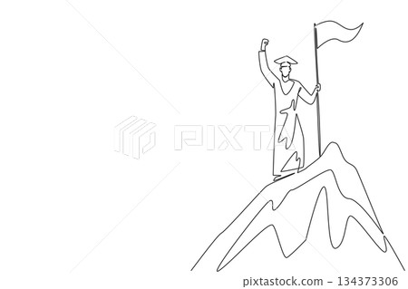 Inspiring continuous line drawing of a young male graduate on top of a mountain holding a flag, symbolizing victory, determination, and achievement for National Graduation Day education concept. Inspiring continuous line drawing of a young male graduate on top of a mountain holding a flag, symbolizing victory, determination, and achievement for National Graduation Day education concept. 134373306