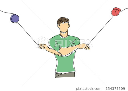 A single line drawing of a young man playing with two yo-yos in motion, symbolizing balance, energy, and creativity in a cultural art concept for National Yo Yo Day. 134373309