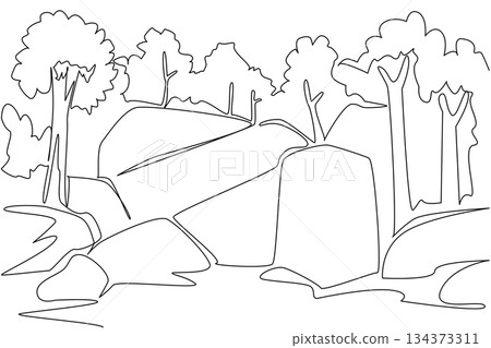 A continuous line drawing of caves and rocky formations with boulders, trees above, illustrating a nature concept linked to National Caves and Karst Day, designed in clean minimalist vector style. A continuous line drawing of caves and rocky formations with boulders, trees above, illustrating a nature concept linked to National Caves and Karst Day, designed in clean minimalist vector style. 134373311