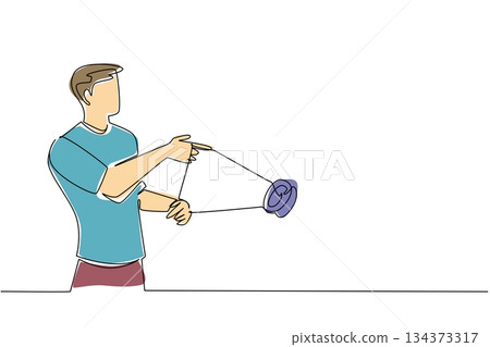 A continuous line drawing of a young man skillfully playing with a yo-yo, representing the creativity and joy of toy culture for National Yo-Yo Day in a modern art concept. A continuous line drawing of a young man skillfully playing with a yo-yo, representing the creativity and joy of toy culture for National Yo-Yo Day in a modern art concept. 134373317
