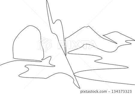 A continuous line drawing of a cave opening framing tall mountains and river path, representing a nature concept and the theme of National Caves and Karst Day with simple minimalist style. A continuous line drawing of a cave opening framing tall mountains and river path, representing a nature concept and the theme of National Caves and Karst Day with simple minimalist style. 134373323