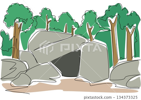 A continuous line drawing showing a rocky cave hidden within a forest of green trees, expressing the nature concept and geology theme for National Caves and Karst Day observance. A continuous line drawing showing a rocky cave hidden within a forest of green trees, expressing the nature concept and geology theme for National Caves and Karst Day observance. 134373325