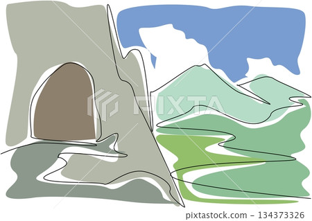 A one line drawing illustrating a cave entrance alongside rolling mountains and sky, emphasizing the geology concept and nature theme for National Caves and Karst Day recognition. A one line drawing illustrating a cave entrance alongside rolling mountains and sky, emphasizing the geology concept and nature theme for National Caves and Karst Day recognition. 134373326