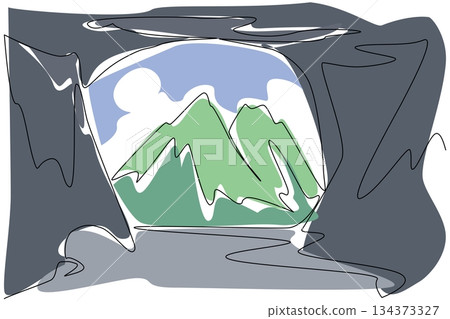 A single line drawing of a mountain view framed by the dark interior of a cave, highlighting geology and adventure within nature concept for National Caves and Karst Day celebration. 134373327